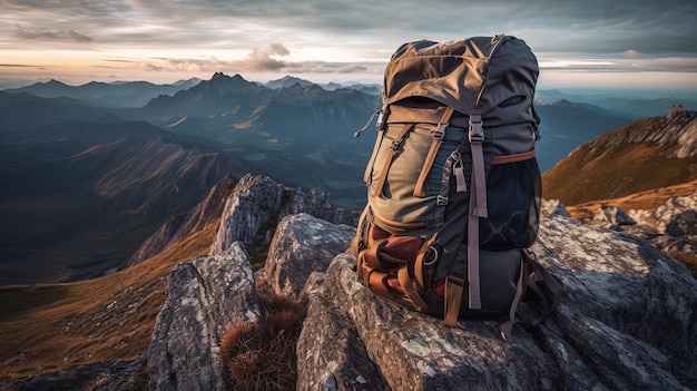 Ein Rucksack liegt auf einem Felsen in den Bergen