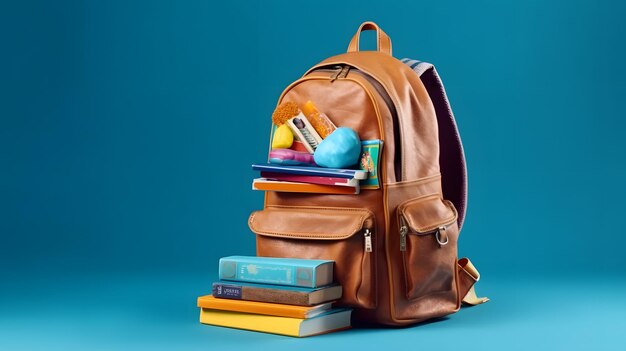 ein Rucksack mit Büchern und einem Stapel Bücher