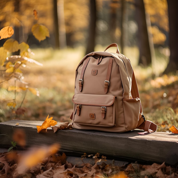 ein Rucksack sitzt auf einer Bank im Wald.