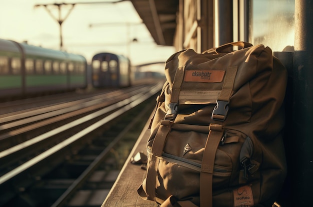 Ein Rucksack sitzt auf einer Bank vor einem Zug.