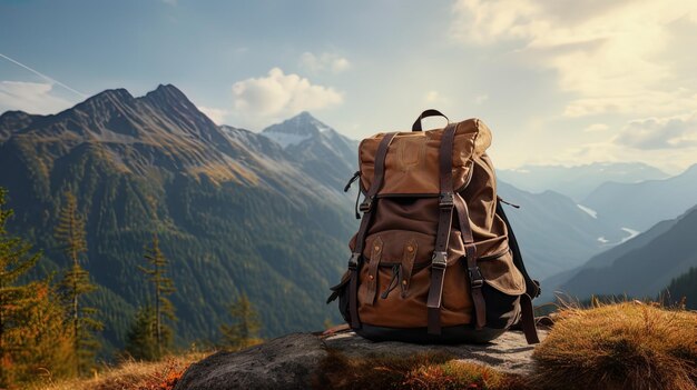 Ein Rucksack und Stiefel vor einer wunderschönen Berglandschaft