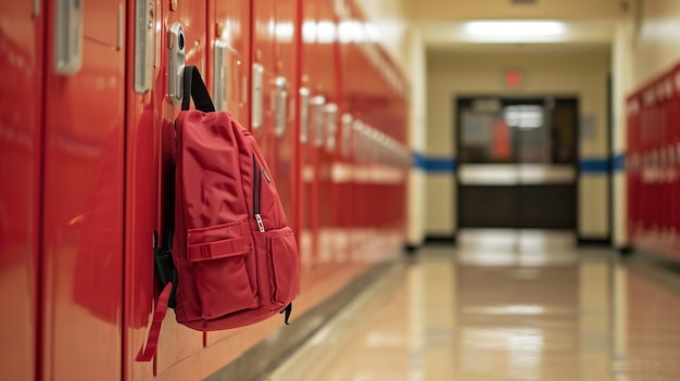 Ein Rucksack von Schülern der Mittelschule hängt an einem Haken in einem Flur