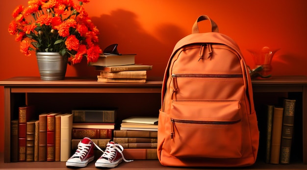 Ein Rucksack vor einigen Büchern auf braunem Hintergrund