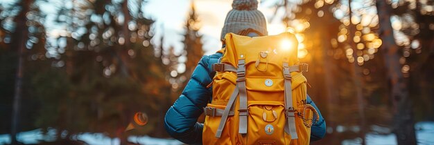 Foto ein rucksackreisender wandert durch einen dichten wald, umgeben von hohen bäumen und in die ruhe versenkt