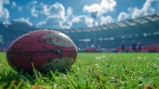 Ein Rugbyball auf dem Gras mit dem Stadion und Fans in der Ferne