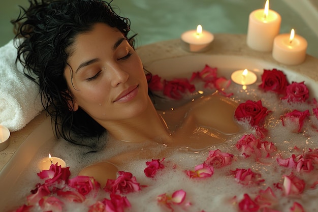 Ein ruhiger Badewanne-Moment mit Kerzen und Blumen