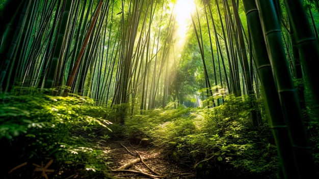Ein ruhiger Bambuswald mit schönem Sonnenlicht, Ruhe der Natur, generative KI.