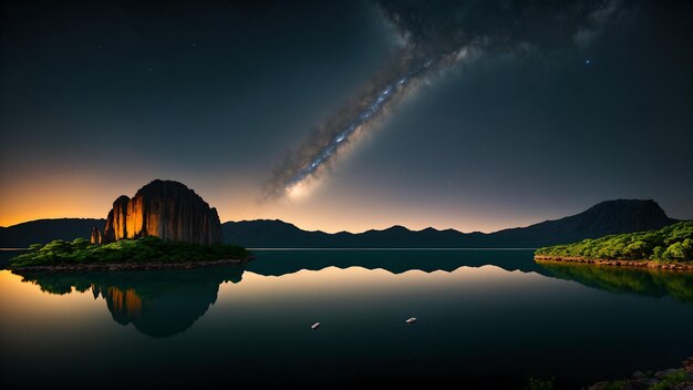 Ein ruhiger Berg und See bei Nacht