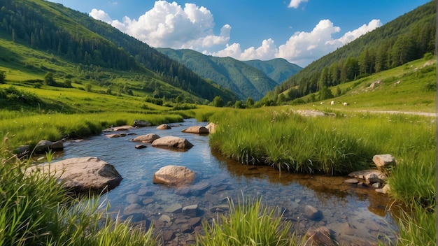 Ein ruhiger Bergfluss in einem üppig grünen Tal