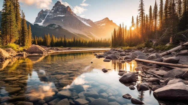 Ein ruhiger Bergsee, eingebettet zwischen hohen Bäumen und schroffen Felsen