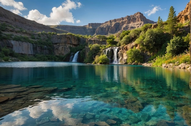 Ein ruhiger Bergsee mit einem Wasserfall als Hintergrund