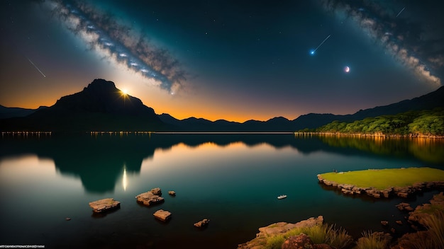 Ein ruhiger Bergsee unter dem sternenklaren Nachthimmel