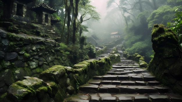 Ein ruhiger Bergweg, der zu einem versteckten Tempel führt, der mit üppigem Grün bedeckt ist und neblige Gipfel im Hintergrund hat