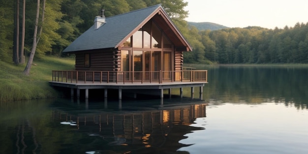 Ein ruhiger Blick auf den See mit einer gemütlichen Hütte auf einem Dock