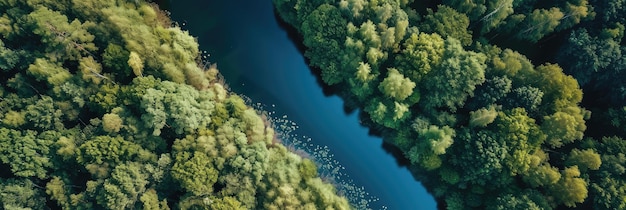 Ein ruhiger Blick aus der Luft auf einen Fluss, der sich durch den Wald schlängelt