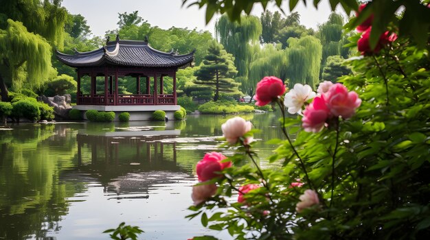 Foto ein ruhiger chinesischer garten mit bambusbecken und pionen