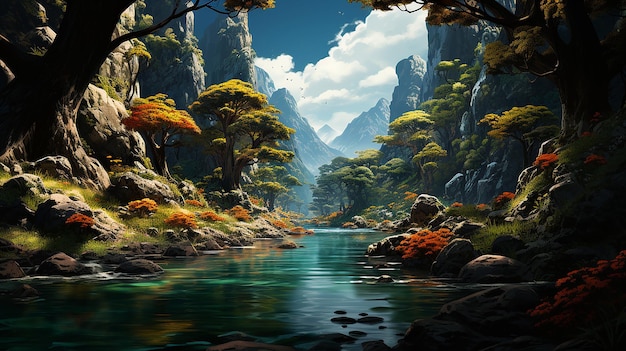 Ein ruhiger Fluss, der sich durch einen üppigen Wald schlängelt
