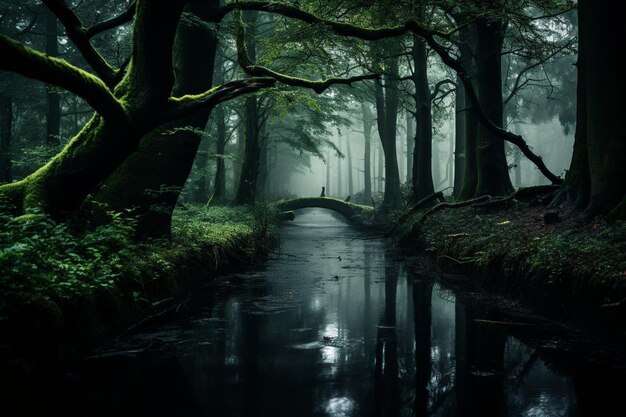 Ein ruhiger Fluss fließt im Frühling durch einen Wald