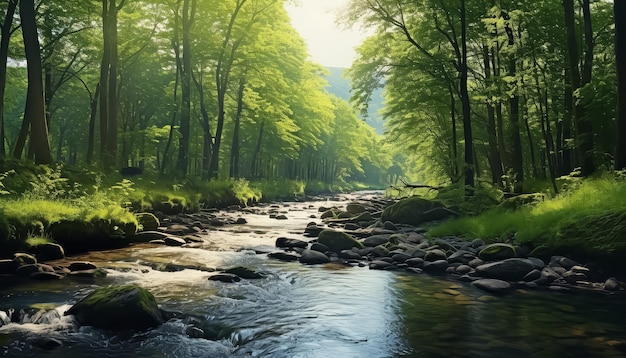 Ein ruhiger Fluss fließt im Sommer im Wald zwischen grünen Bäumen