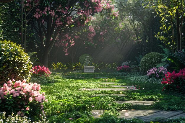 Foto ein ruhiger garten mit blühenden blumen und üppigem g