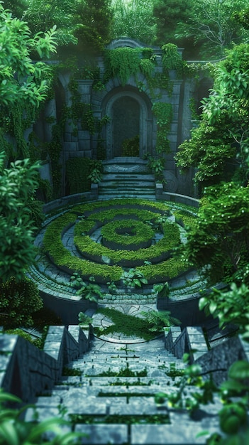 Ein ruhiger Garten mit einem Labyrinth, das sich auf eine Suche konzentriert, die durch die Gelassenheit navigiert, um eine verborgene Offenbarung aufzudecken.