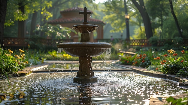 Ein ruhiger Garten mit kreuzförmigem Brunnen