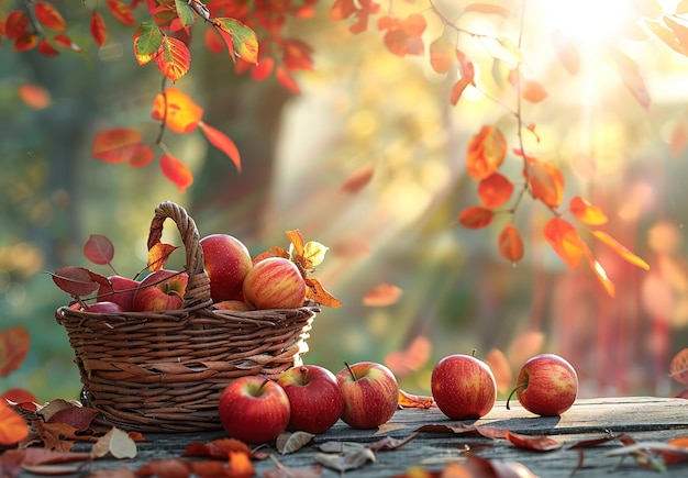 Ein ruhiger Herbstnachmittag mit versunkenen Äpfeln in einem Korb in den goldenen Schatten des Herbstes.