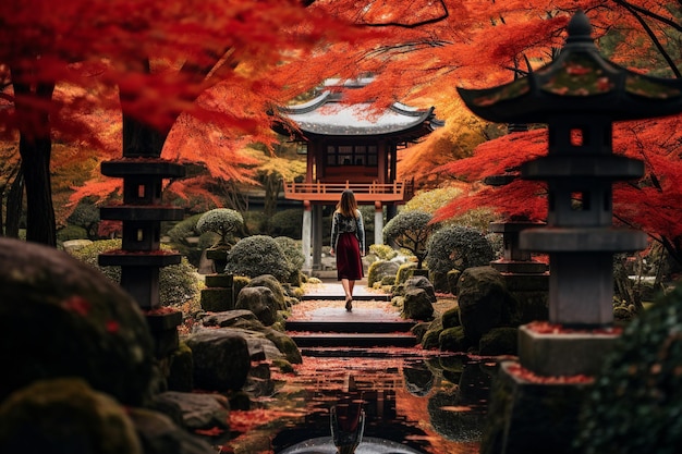 Ein ruhiger Herbstspaziergang im traditionellen Tempelgarten von Kyoto