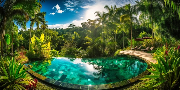 Ein ruhiger Infinity-Pool, umgeben von üppiger Vegetation, der eine verschwenderische Sommeroase mit azurblauen Farbtönen schafft