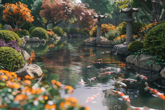 Ein ruhiger japanischer Garten mit Koi-Fischbecken