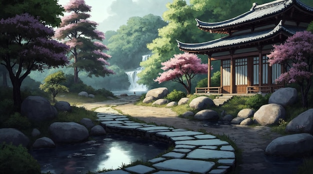 Ein ruhiger japanischer Garten mit Pagode und Kirschblüten