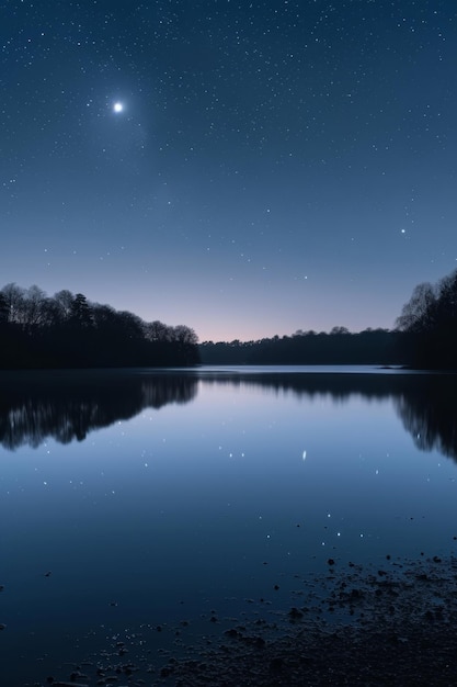 Ein ruhiger, minimalistischer, mondlich beleuchteter Nachthimmel über einem ruhigen, reflektierenden See