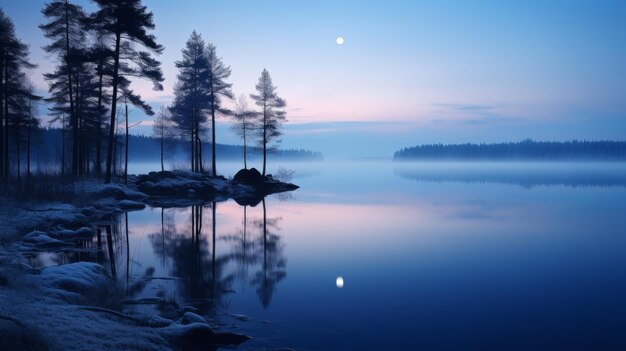 Foto ein ruhiger, mondlich beleuchteter see, ein ruhiger norwegischer naturschauplatz