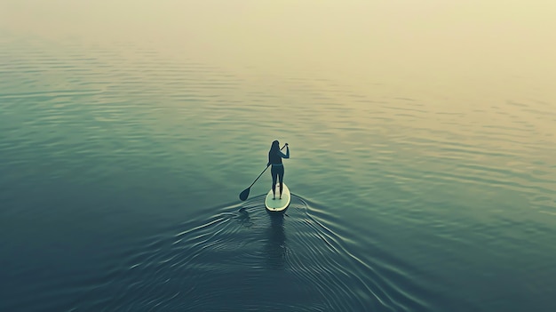 Foto ein ruhiger morgen eine junge frau paddelt mit einem paddleboard über einen stillen see das wasser ist ruhig und klar