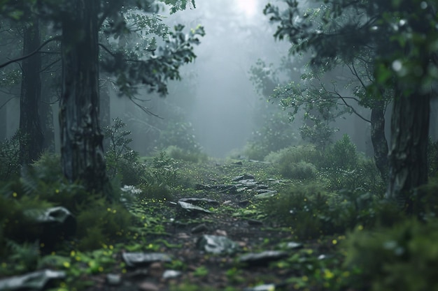 Ein ruhiger Morgen spazieren durch neblige Wälder