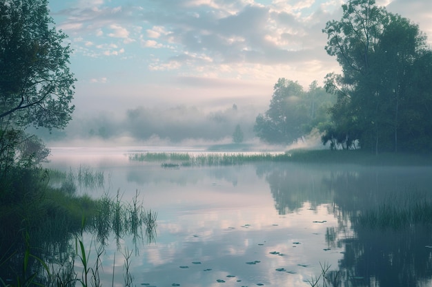 Ein ruhiger Morgennebel erhebt sich über einem ruhigen See.