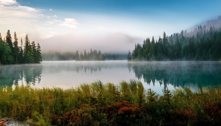 Foto ein ruhiger nebliger see, der von bäumen und nebel umgeben ist und eine ruhige und ätherische atmosphäre in der natur erzeugt