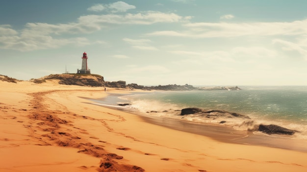 Ein ruhiger Sandstrand mit einem majestätischen Leuchtturm am Horizont