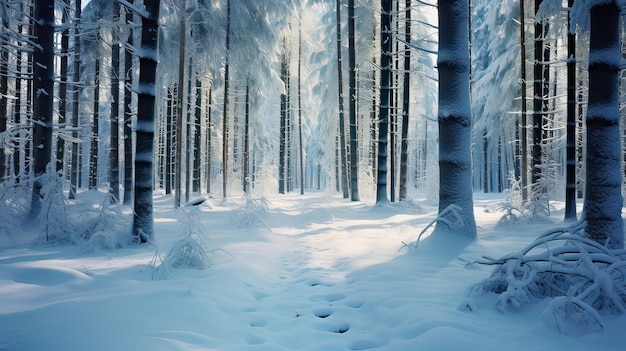 Ein ruhiger schneebedeckter Wald Bäume, die mit Schnee beladen sind, schaffen eine ruhige Winterlandschaft friedliche schneebedeckte Landschaft ruhige Wälder ruhige Naturlandschaft erzeugt von KI