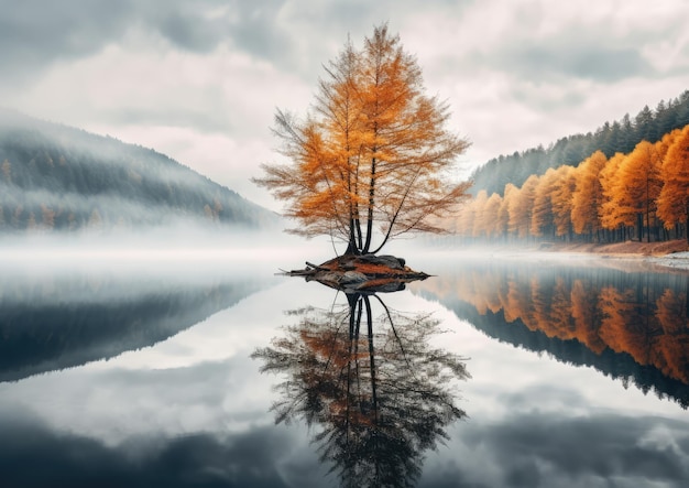 Ein ruhiger See, auf dessen Oberfläche sich die Herbstfarben spiegeln