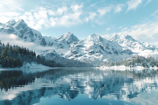 Ein ruhiger See, der schneebedeckte Berge widerspiegelt