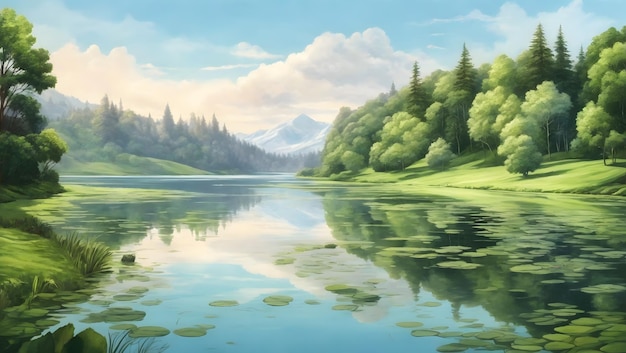 Ein ruhiger See, der von üppigem Grün umgeben ist und die Schönheit der Natur widerspiegelt