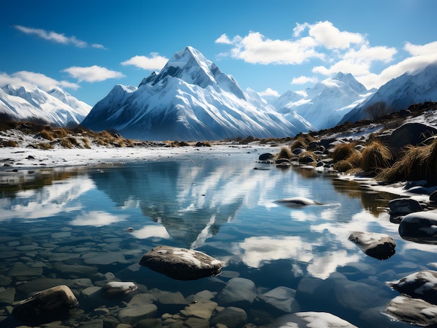 Ein ruhiger See, in dem sich schneebedeckte Berge spiegeln