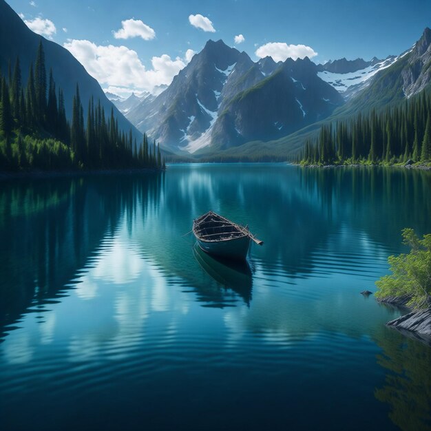 Foto ein ruhiger see inmitten majestätischer berge, generiert mit ki-technologie