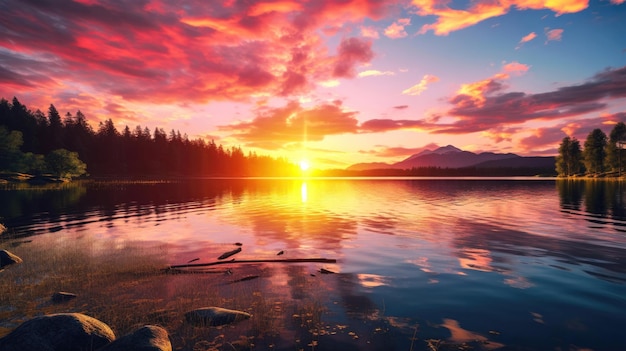 Ein ruhiger See mit einem atemberaubenden Sonnenaufgang und lebendigen Farben