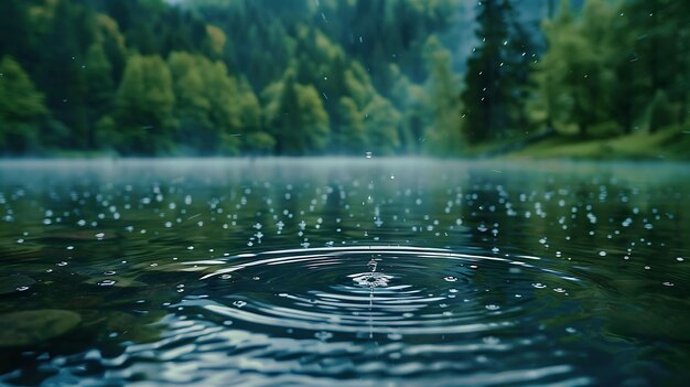 Foto ein ruhiger see mit einem einzigen regentropfen, der wellen im wasser erzeugt