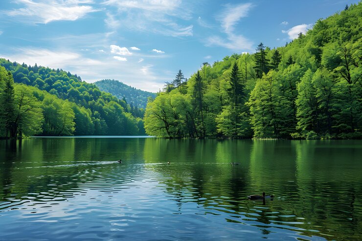 Foto ein ruhiger see mit reflektierendem wasser, umgeben von üppigen wäldern und gleitenden enten