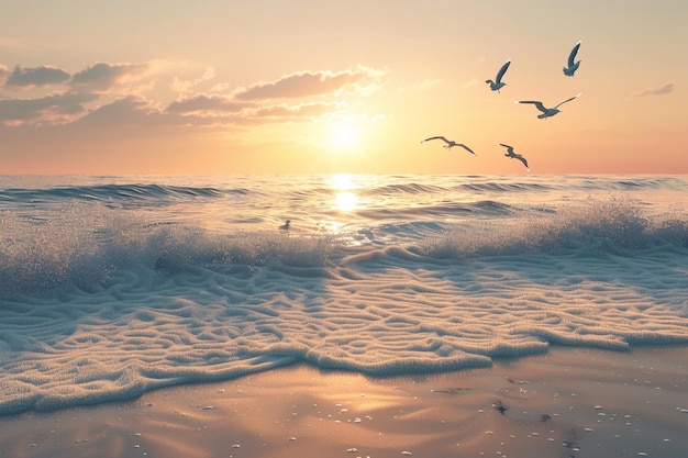 Ein ruhiger Sonnenaufgang am Strand mit fliegenden Möwen