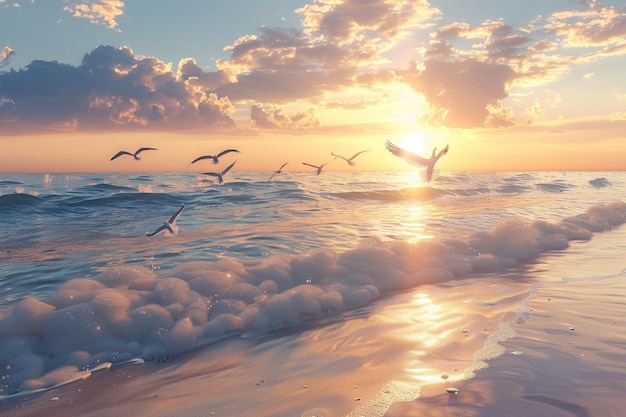 Ein ruhiger Sonnenaufgang am Strand mit fliegenden Möwen