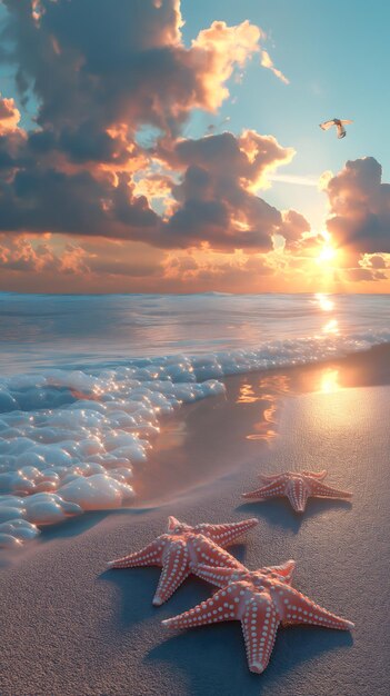 Ein ruhiger Sonnenaufgang am Strand mit Seestern und glühenden Wellen